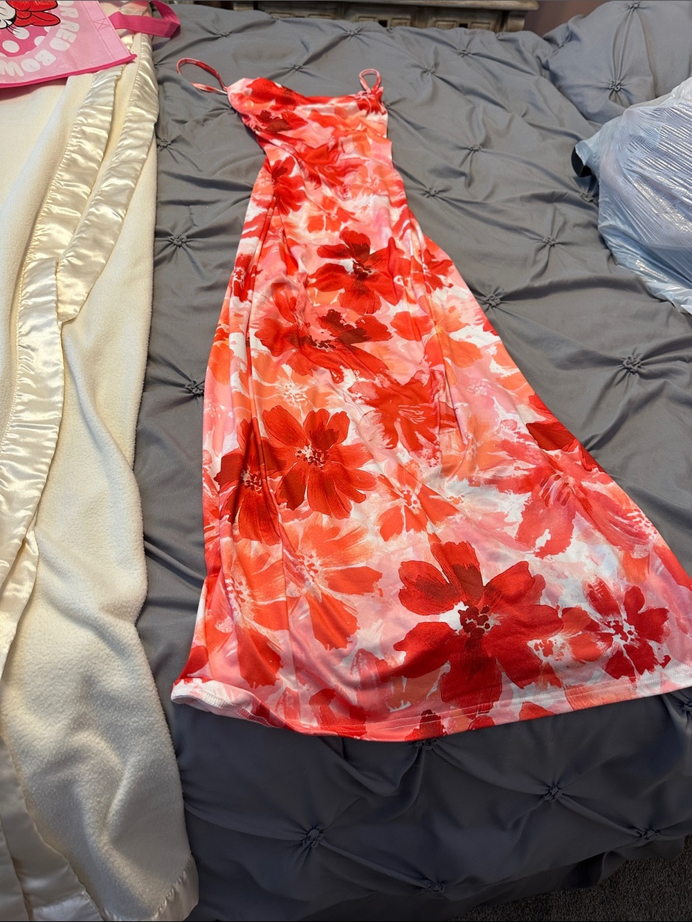 Floral Red Pink Slip Dress with Spaghetti Straps